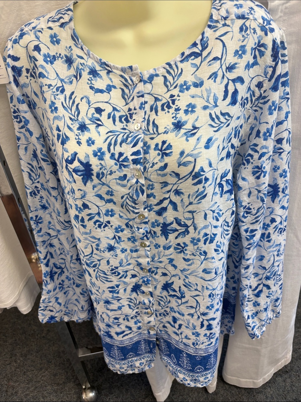 Joie White Tunic with Blue Floral Print and Border